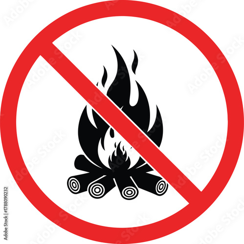 No open flame or campfire icon, warning sign for fire safety and prevention, caution symbol indicating prohibited burning activities in forests or parks