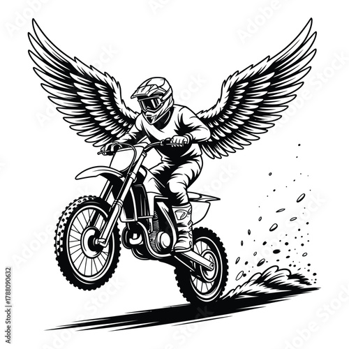 Motorcycle rider with angel wings performing stunt in black and white
