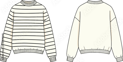 Beige striped knitted crew neck sweater flat sketch with ribbed cuffs, hem, long sleeves, and casual unisex fit