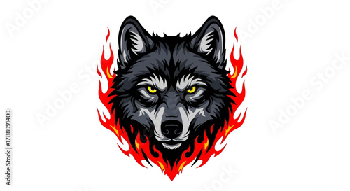Powerful Wild Wolf Face Emblazoned with Burning Orange and Red Flames