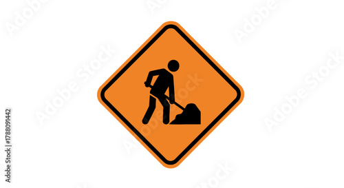 Orange diamond construction sign depicting a worker digging with a shovel