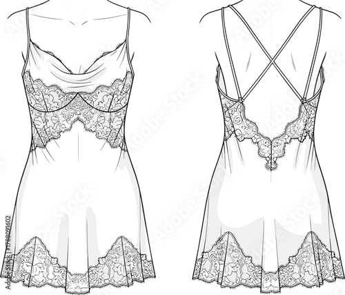 Elegant lace satin camisole dress flat fashion sketch with cowl neckline and crisscross back lingerie design illustration