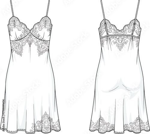 Elegant lace satin chemise nightdress with floral embroidery, adjustable straps, and delicate trim fashion flat vector illustration