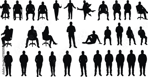 Silhouette people standing and sitting poses collection, diverse human postures, black shadow figures illustration on white background design