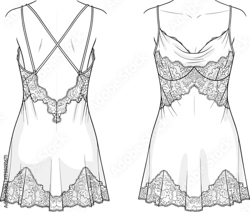 Elegant lace satin nightdress fashion flat with cowl neckline and crisscross straps lingerie design illustration