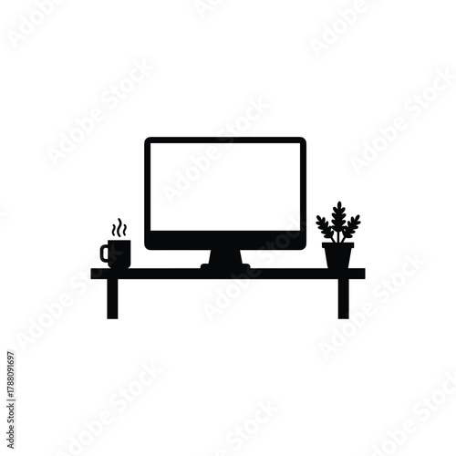 A modern office desk setup with computer coffee cup and plant symbolizing remote work and productivity