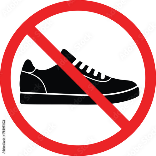 No shoes allowed sign. prohibition symbol for footwear, indicating areas where shoes are not permitted. simple vector icon on white background, black sneaker with red prohibition circle.