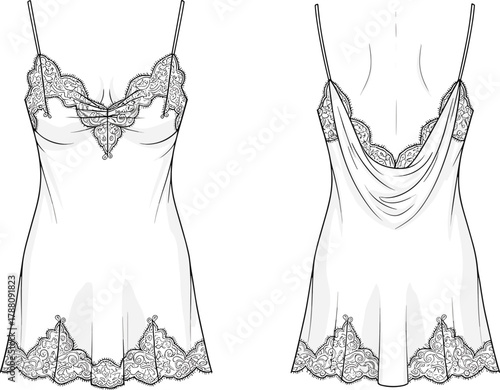 Elegant lace satin slip nightdress with draped back, floral embroidery details, and adjustable straps fashion vector illustration
