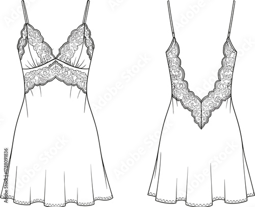 Elegant lace satin slip dress with deep V-back, floral embroidery, and delicate trim fashion flat vector illustration