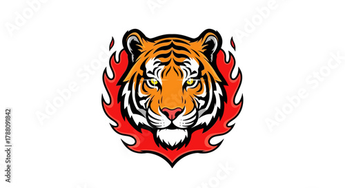 Aggressive Tiger Head with Flames Emblem for Sports Teams or Gaming Logos