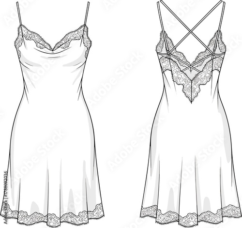 Elegant lace-trim satin nightdress fashion sketch with cowl neckline and cross back straps for lingerie design illustration