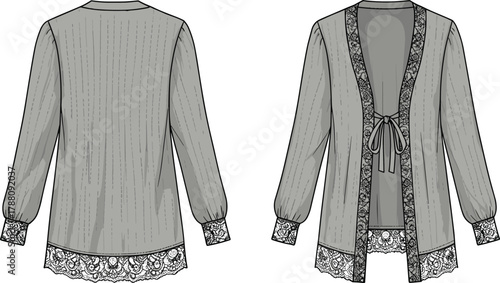 Elegant lace trim open front cardigan flat fashion sketch with ribbon tie detail and ribbed textured knit design