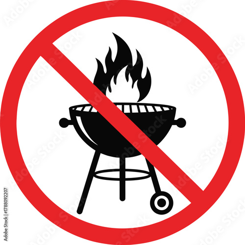 No barbecue grill with fire allowed sign, symbolizing prohibition of outdoor grilling activities, fire hazard warning, and safety regulations vector.