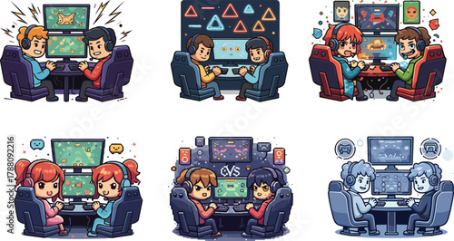 Cartoon gamers playing video games together in chairs, competitive and cooperative scenes, colorful vector illustration for esports, teamwork, and fun