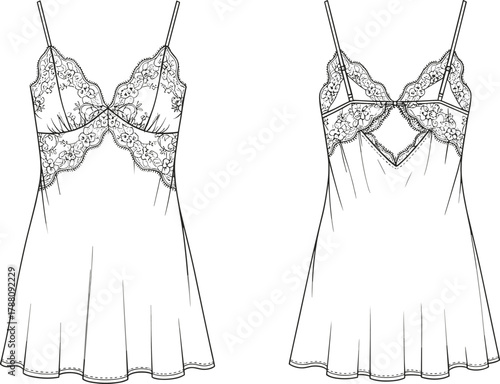 Elegant satin lace slip dress fashion flat with floral embroidery details, delicate straps, and luxury lingerie design illustration