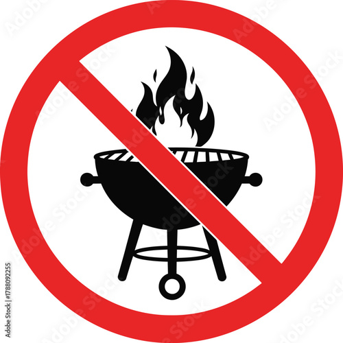 No barbecue grill with burning flames sign, prohibition of open fire symbol, forbidden to use bbq in public areas, fire danger warning icon, isolated on white background