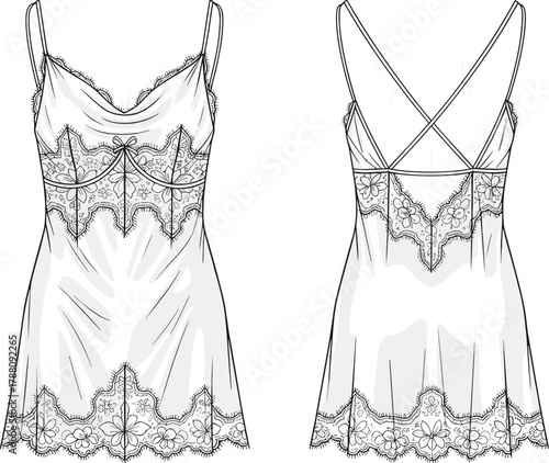 Elegant satin lace slip dress with floral embroidery, cowl neckline, and crisscross back design fashion flat illustration