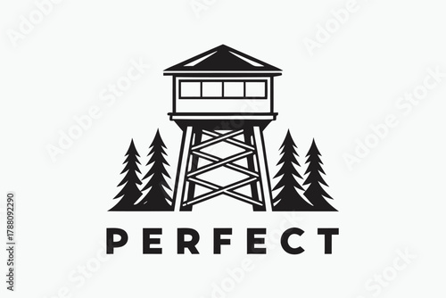 A watchtower stands amidst a monochrome forest of evergreen trees, creating a tranquil scene