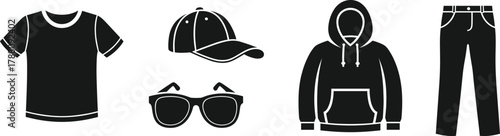 Casual clothing silhouette vector, t-shirt hoodie jeans cap and sunglasses icons, modern fashion outfit illustration, unisex apparel design elements, streetwear style set