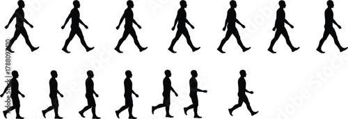 Silhouette sequence of man walking in different poses isolated on white background, human motion animation concept illustration