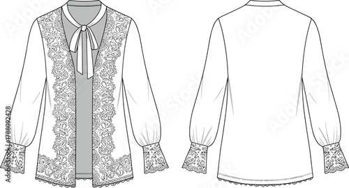 Elegant women’s lace blouse with floral embroidery, bow tie neckline, puff sleeves, and delicate vintage trim illustration design