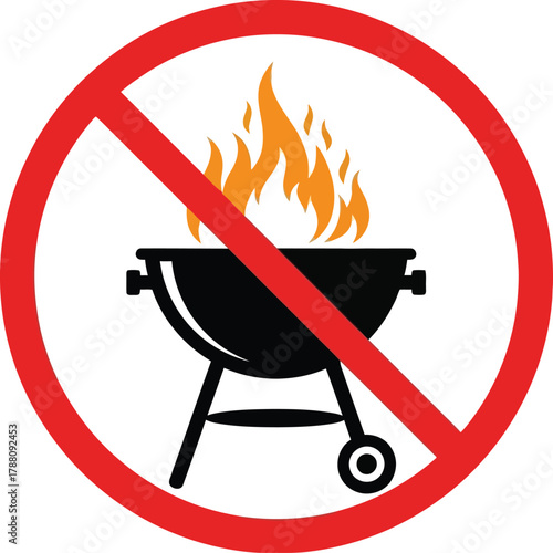 No grilling sign, barbecue fire prohibited symbol, warning about outdoor cooking restriction, safety regulations icon for parks and public areas.