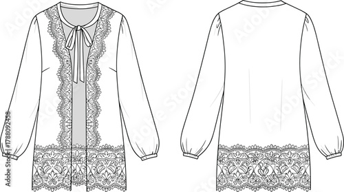Elegant women’s long sleeve lace blouse with floral embroidery, bow tie neckline, and delicate front button design illustration