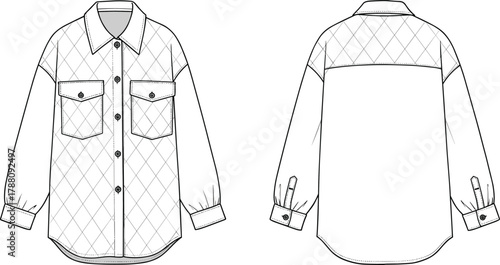 Fashion flat sketch of diamond quilted button-down shirt with chest pockets, cuffed sleeves, and curved hem design