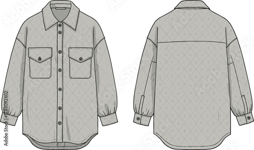 Quilted button-up shirt jacket with front flap pockets, diamond stitch pattern, long sleeves, curved hem fashion flat design