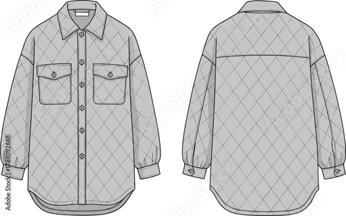 Quilted button-up shirt jacket with front pockets, diamond stitch design, long sleeves, casual outerwear flat fashion sketch
