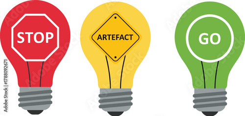 Colorful light bulbs with stop, artefact, and go signs, creative traffic signal concept, innovation and decision idea illustration