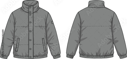 Quilted puffer jacket flat fashion sketch with stand collar, snap button closure, ribbed cuffs, and front pocket details