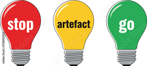 Colorful light bulbs with stop, artefact, go text, red yellow green illustration for motivation, idea, workflow, creative decision-making, vector design concept