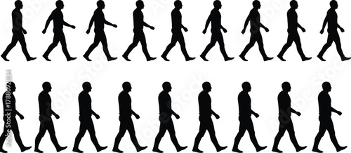 Silhouette sequence of man walking motion steps animation, isolated black figure movement cycle illustration, human locomotion concept design