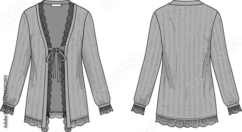 Stylish lace trim cardigan technical flat sketch front and back view with bow tie closure and textured knit pattern