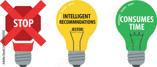 Creative vector illustration of colorful light bulbs with stop sign, intelligent recommendations, consumes time concept, idea management and productivity decision metaphor design