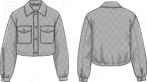Vector flat sketch of cropped quilted jacket with button front, collar, flap pockets, cuffed sleeves, and stitched pattern