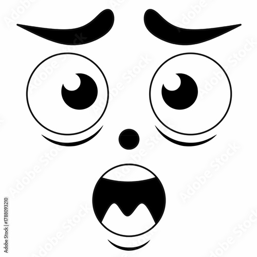 cartoon emoji shocked face,eyebrow, wide eyes, small nose, and mouth.for stickers, reactions,icon,and emotive graphics.