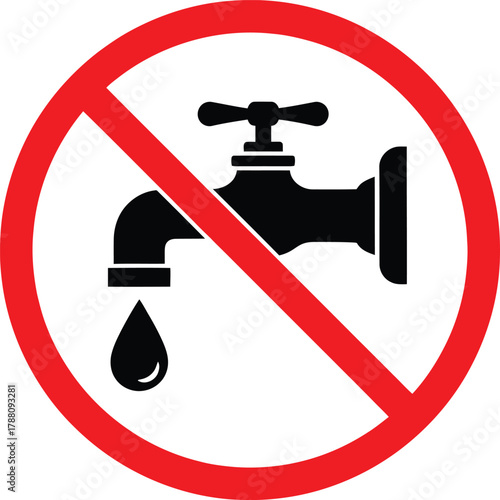 No water sign. black icon of a water tap with a drop, crossed out by a red circle with a diagonal line. symbol for water restriction, conservation, or unavailability.