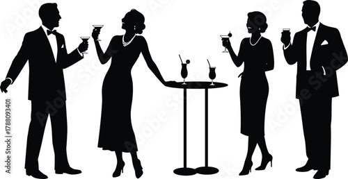 Elegant retro cocktail party vector illustration, vintage men and women silhouettes in formal evening attire, stylish social gathering design, classy celebration artwork