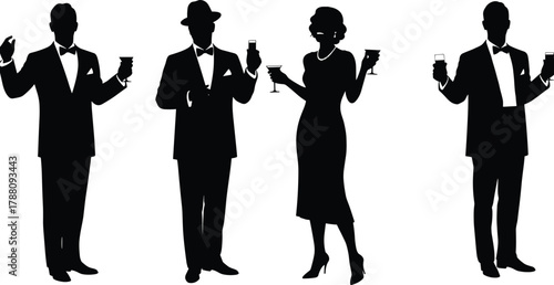 Elegant vintage cocktail party vector illustration, retro men and women silhouettes holding drinks, formal evening fashion design, stylish celebration art concept