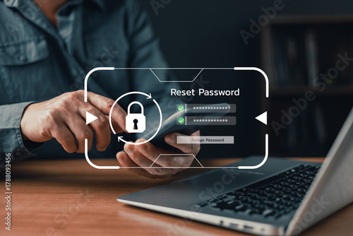 Man using smartphone to reset password with digital security interface, representing cybersecurity, data protection, account recovery, and safe online access concept.