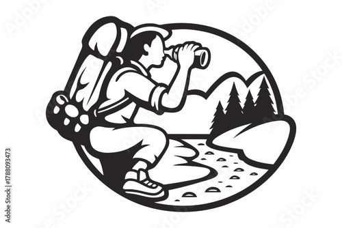 Backpacker observes forest landscape through binoculars in monochrome adventure near river and trees