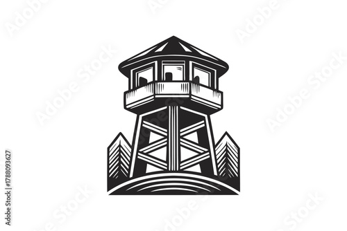 An imposing watchtower with structural elegance amidst trees in a striking monochrome stands tall