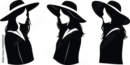 Elegant woman silhouette vector illustration wearing wide brim hat, fashion female profile design, minimal black and white style, modern beauty artwork