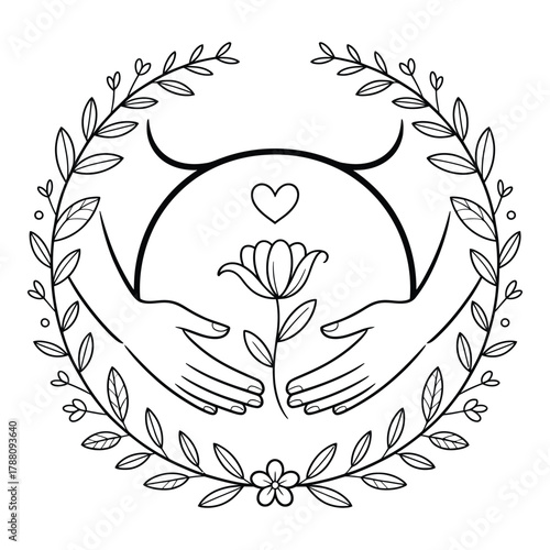 Elegant line art illustration of hands holding a flower with wreath