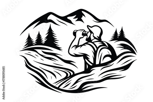 Backpacker with binoculars gazes out over a mountain landscape in this black and white scene