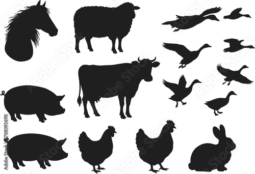 Farm animal silhouette vector set featuring livestock, poultry, flying ducks, rural creatures, domestic icons for agriculture designs, educational materials, illustrations, and creative projects