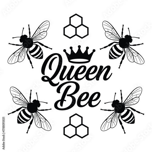 Elegant queen bee illustration with crown and honeycomb graphic design