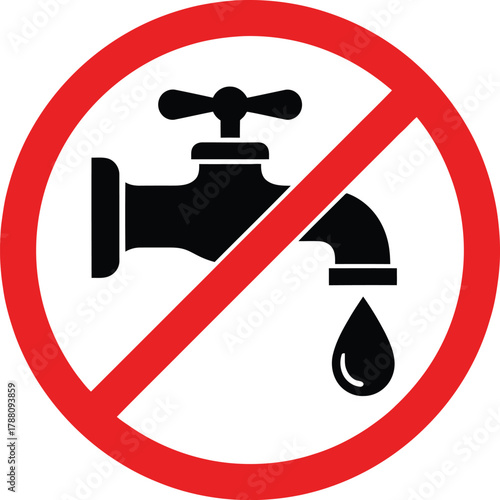 No water or water saving icon, a clear visual representation of water conservation, drought awareness, and restricted water usage with a dripping faucet.